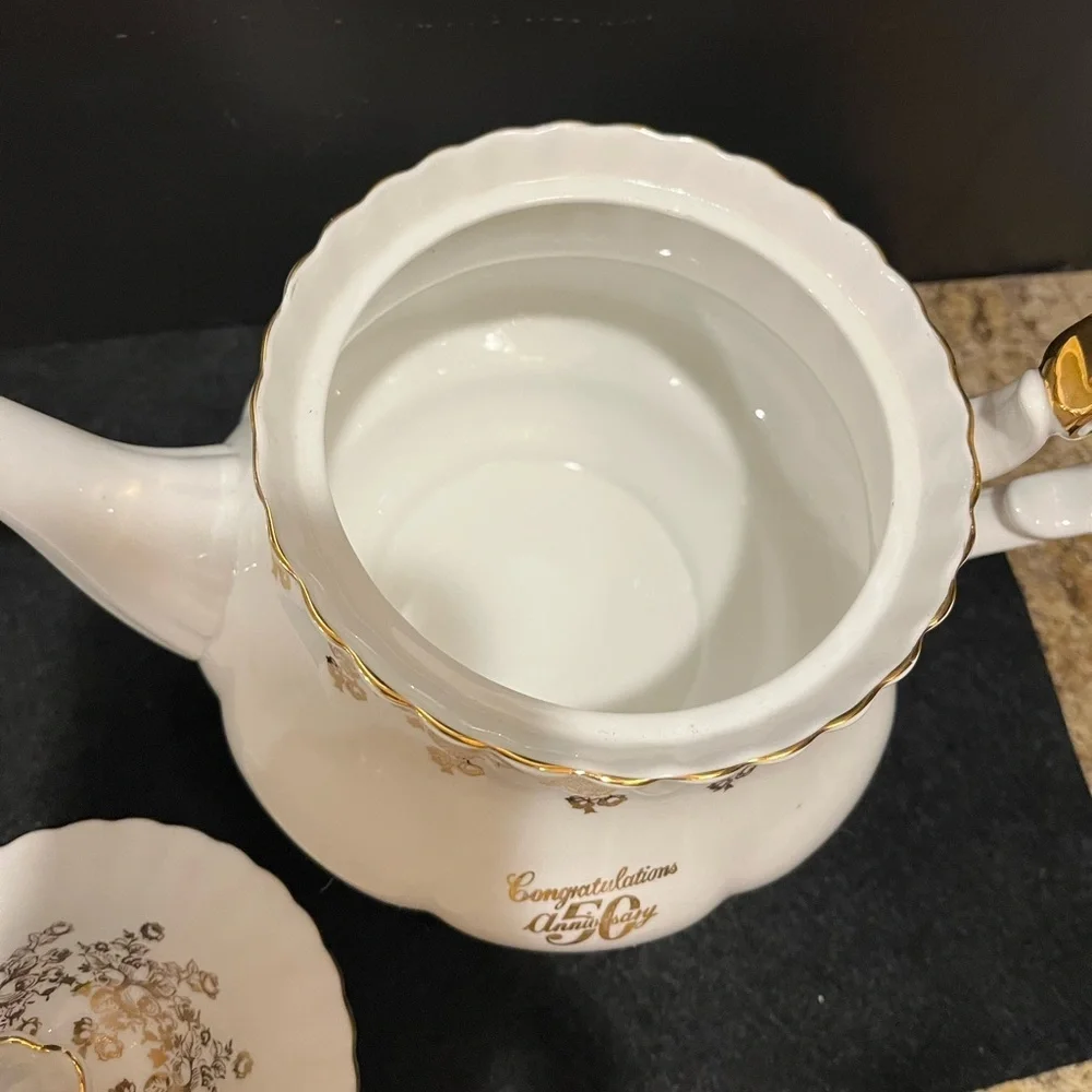 Vintage Royal Albert 50th Anniversary 6 C Teapot, Creamer, Plate, Lefton Tea Cup